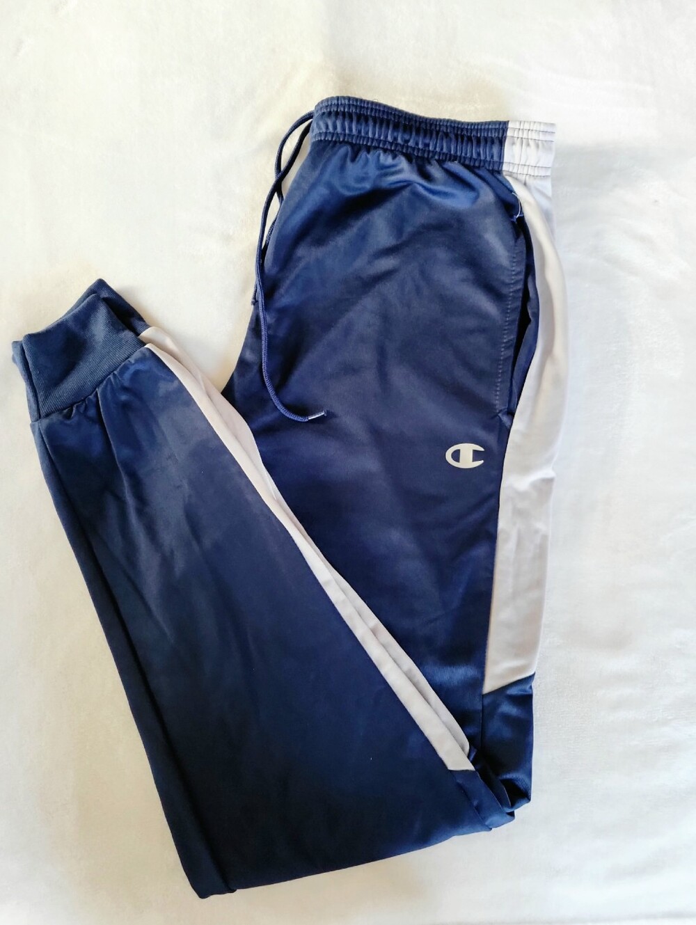 Champion Authentic Track Pants Mens Large Navy Blue White Stripe Joggers Pockets